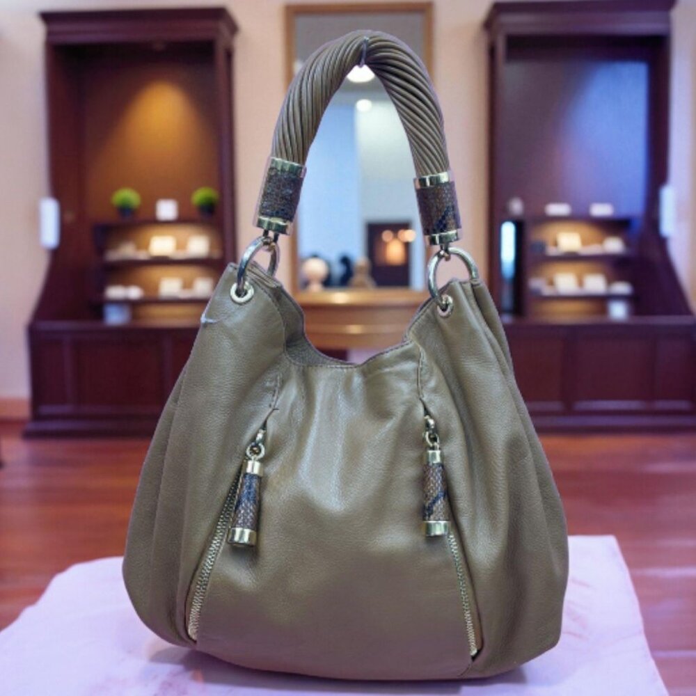 Michael Kors Collection Tonne Taupe Leather Python Trim Hobo Bag